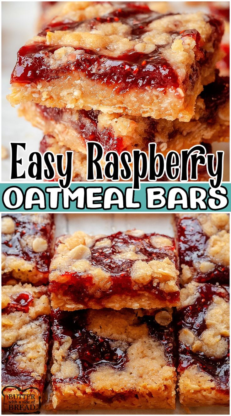 easy raspberry oatmeal bars stacked on top of each other with text overlay