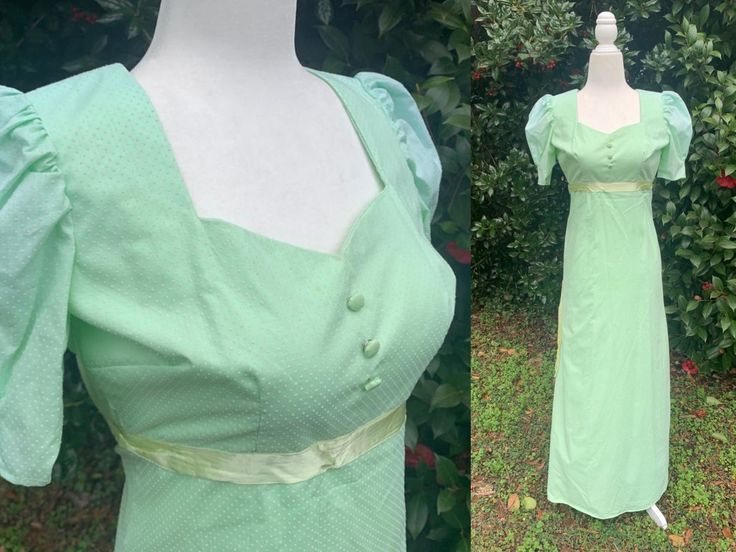 Fitted Green Regency Style Dress, Green Fitted Regency Style Dress, Green Regency Style Fitted Dress, 1960s Dresses Formal, 1960s Prom Dress, 1960s Prom, Decades Fashion, 1960s Dresses, Swiss Dot Fabric