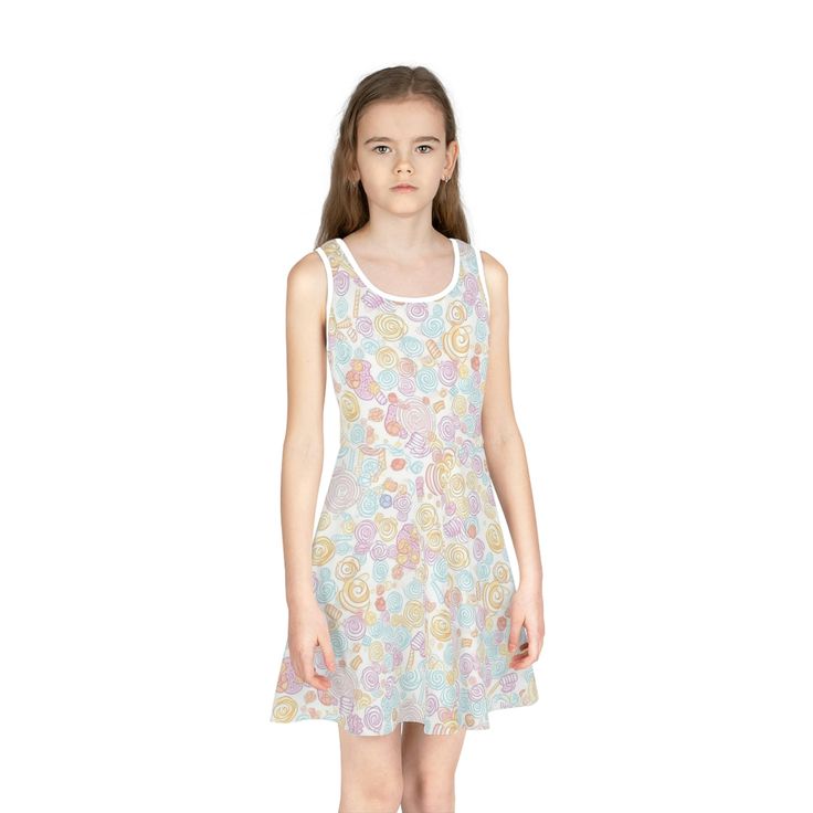 Crafted from high-quality materials, this dress is perfect for any occasion, from a casual day out to a special event. The playful candy pattern in soft pastel colors will make your little girl stand out and show off your unique sense of style. She will absolutely love it! The dress is designed with comfort in mind, featuring a soft and breathable fabric that will keep you cool and comfortable all day long. The lightweight design is perfect for warm weather, and the adjustable straps ensure a perfect fit. .: Material: 95% polyester, 5% spandex .: Medium fabric (6.5 oz/yd² (220 g/m .: Mid-length .: A-line cut .: Seam thread color automatically matched to design (black or white) Playful Multicolor Sleeveless Dress For Spring, Playful Multicolor Sleeveless Summer Dress, Playful Spring Printed Dress, Playful Printed Spring Dress, Playful Floral Print Sleeveless Summer Dress, Playful Sleeveless Dress For Spring Party, Cute Patterned Spring Dress, Playful Floral Print Mini Dress For Spring, Fitted Playful Mini Dress For Spring