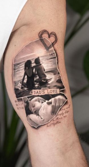 a man with a tattoo on his arm that says dad's love and two photos