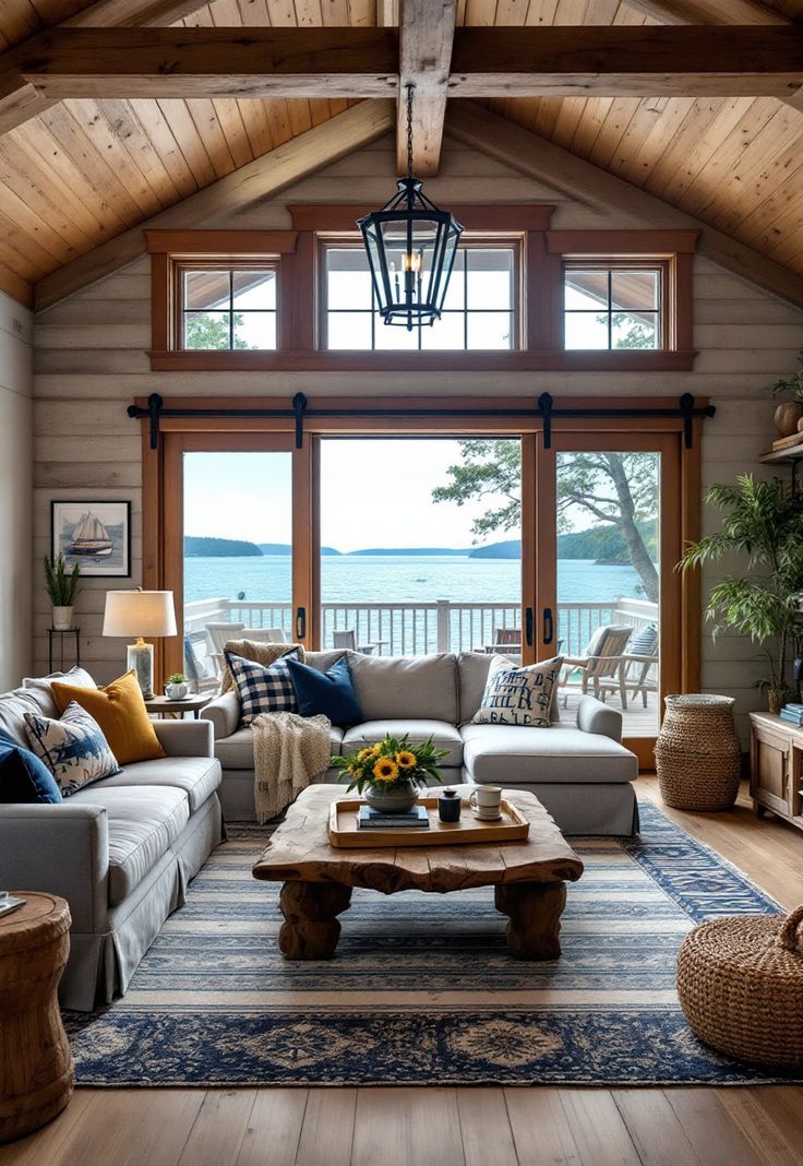 Rustic Living Room Coastal Cabin Living Room, Cozy Lake House Living Room, Lakehouse Furniture Ideas, Lakehouse Sunroom, Lakehouse Interiors, Lake House Decor Living Room, Lake Decorating Ideas, Small Lake Cottage Interiors, Lake House Living Room Ideas