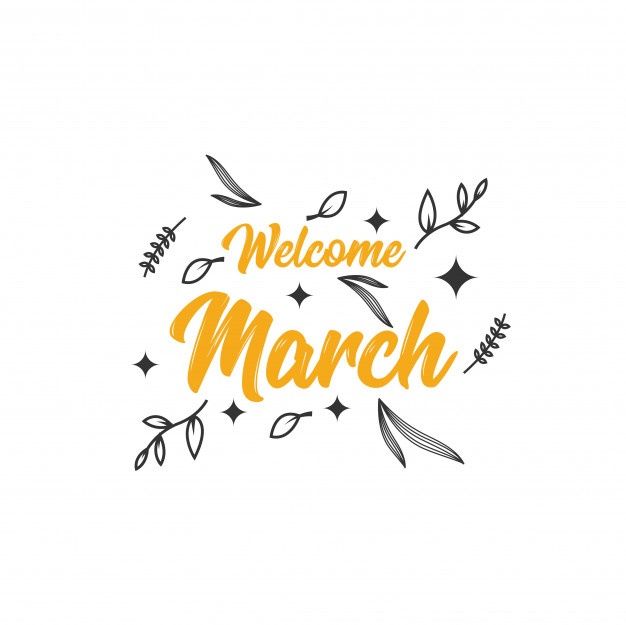 the words welcome march are written in yellow and black lettering on a white background with leaves