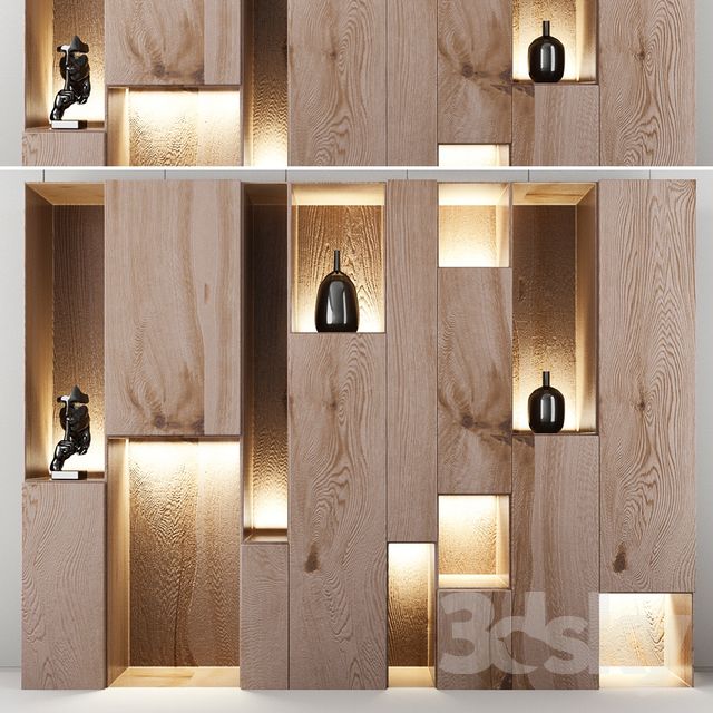 the shelves are made out of wood and have lights on them