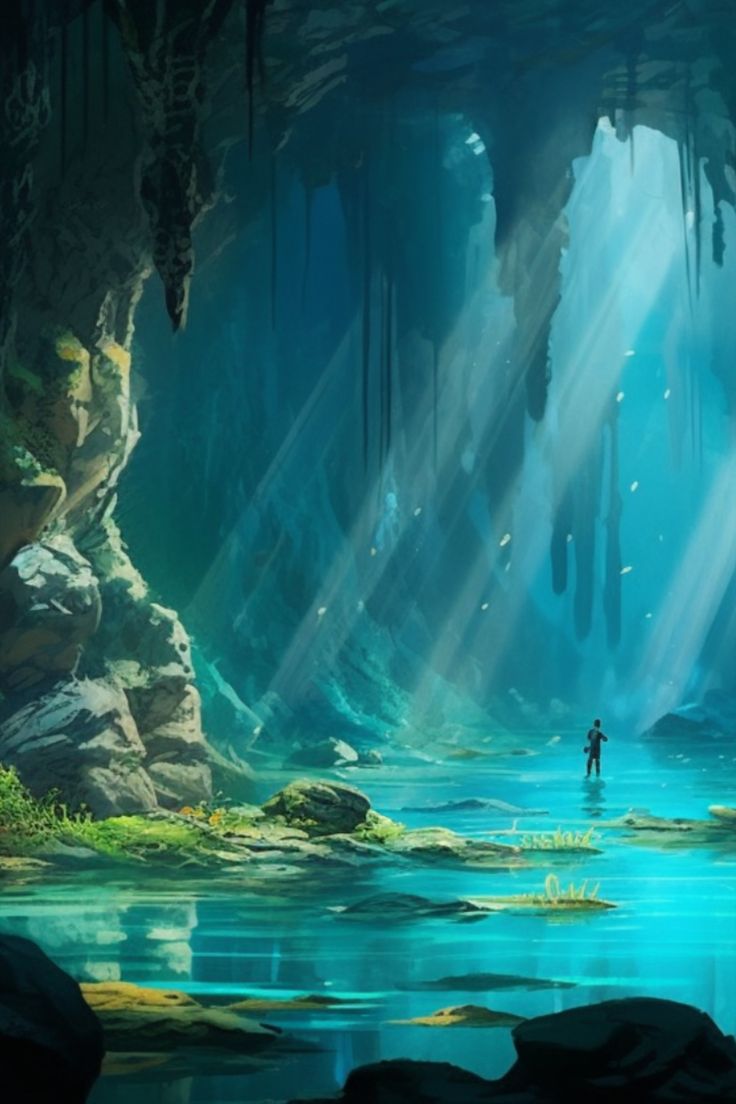 a man standing in the middle of a lake surrounded by cave like structures with light streaming from them