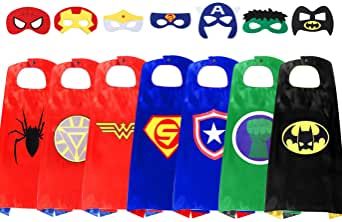 several superhero capes and masks are lined up in a row on a white background