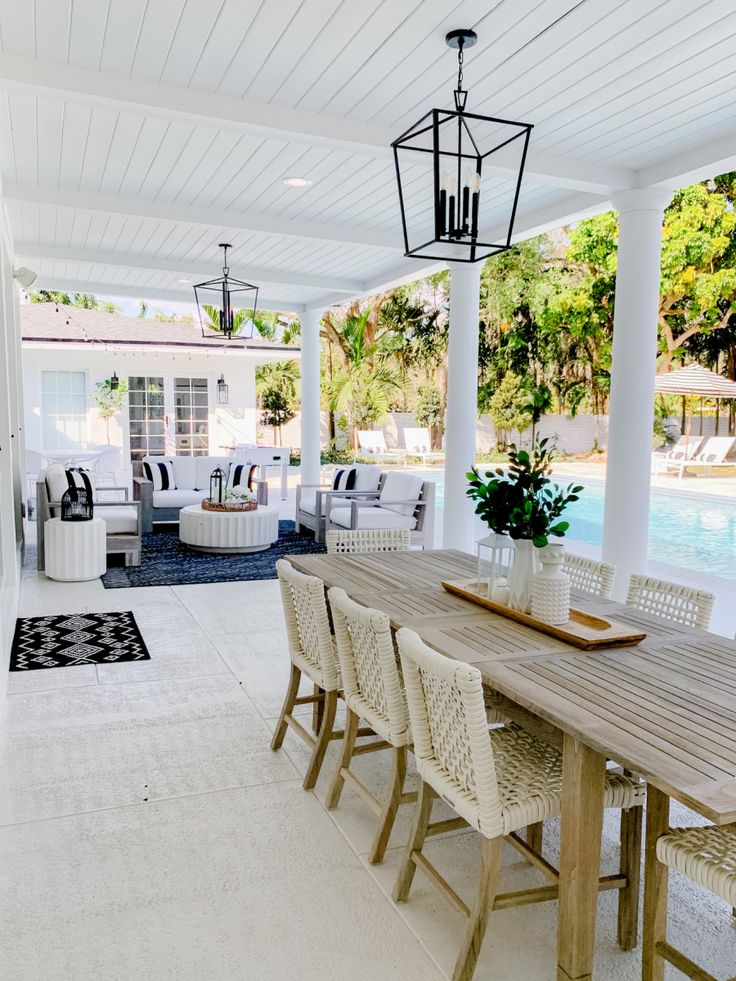 a dining room table and chairs on a covered patio with pool in the back ground