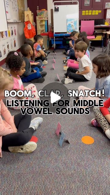 several children sitting on the floor playing with their toys in a class room and text reading boom clap, snatch listening or middle - school vocal sounds