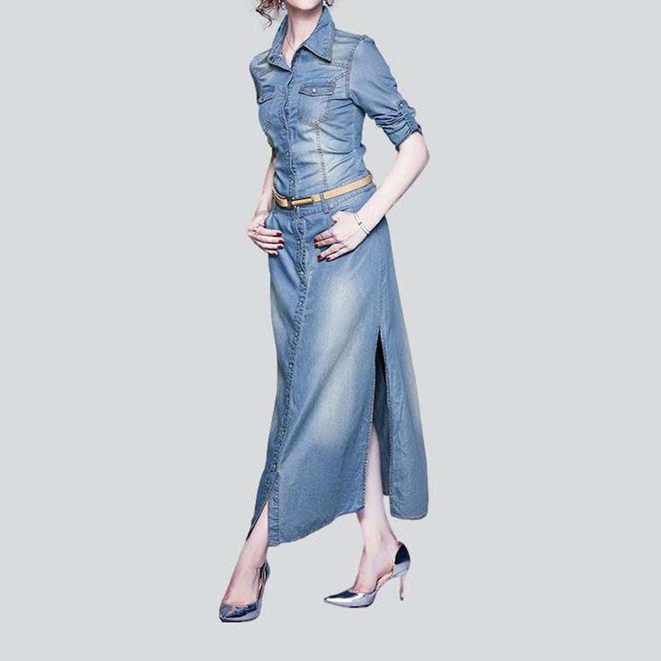 Welcome to the 2023 Spring-Summer Collection! Step into the spotlight with our light wash long denim dress. 90s style ââ‚?the perfect combination of classic and modern style. Perfect for those effortless summer days. this dress will make you look and feel like a trend-setter! Why You'll Love ItThis classic denim dress is designed to be a statement-maker. both comfortable and chic. With its light wash and subtle distressed detailing. it's the perfect balance of nostalgia and modernity. The long l Spring Casual Full-length Maxi Dress, Spring Casual Full Length Maxi Dress, Casual Full Length Maxi Dress For Spring, Light Wash Long Sleeve Summer Dress, Medium Wash Denim Midi Dress With Short Sleeves, Summer Light Wash Long Sleeve Dress, Fitted Denim Blue Maxi Dress, Fitted Denim Maxi Dress In Blue, Denim Blue Short Sleeve Midi Dress