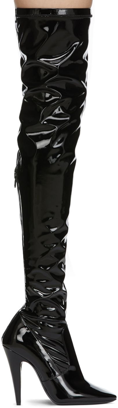 Over-the-knee patent faux-leather boots in black. Pointed toe. Zip closure at heel. Tonal hardware. Approx. 4 heel. Supplier color: Black Sleek Glossy Boots For Evening, Sleek Glossy Finish Evening Boots, Patent Leather Party Boots With Zipper Closure, Party Patent Leather Boots With Zipper Closure, Glossy Party Boots, Chic Glossy Finish Boots For Parties, Black Mid-calf Boots With Zipper For Party, Black Mid-calf Boots With Zipper Closure For Party, Party Black Mid-calf Boots With Zipper Closure