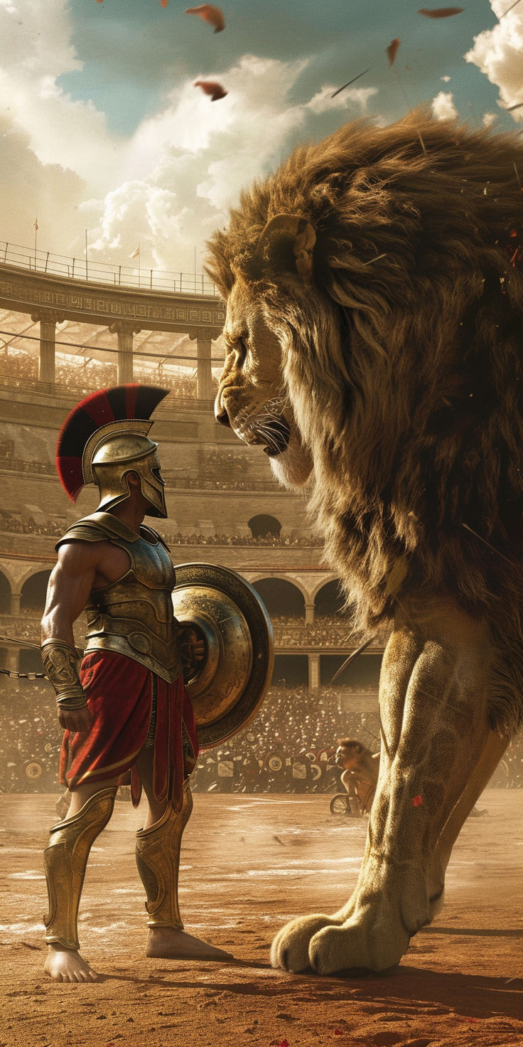 two men dressed as roman soldiers and a lion in front of an arena full of people