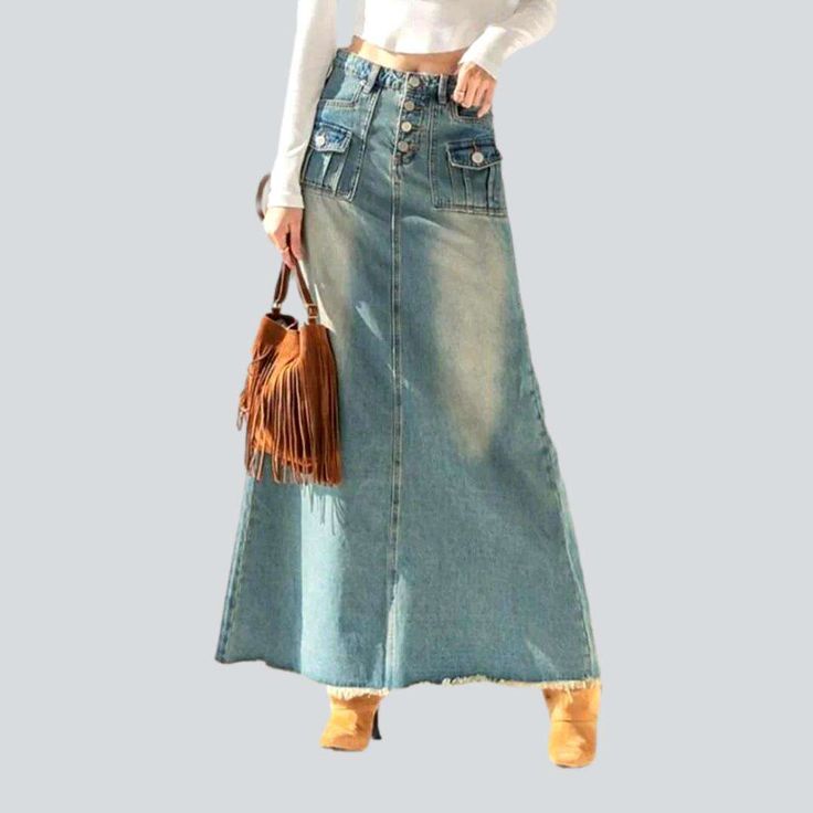 Welcome to our 2023 Spring-Summer Collection ââ‚?an eclectic mix of contemporary couture and nostalgic grunge! Step into the spotlight with our gypsy chic smoothed denim skirt ââ‚?a vogue staple for all the fashion-forward trendsetters.Why They're Your Next Summer StapleThe perfect balance between underground attitude and sophisticated style. this denim skirt will add a hint of grunge to any outfit. With its unique sanded damaged pattern and high waist fit. it's sure to turn heads.Key Highlights Trendy Long Denim Skirt For Summer, Spring Bohemian Wide Leg Denim Skirt, Spring Wide Leg Denim Skirt With Frayed Hem, Denim Blue High Waist Skirt For Fall, Bohemian Wide Leg Denim Skirt For Spring, Spring Bohemian Wide-leg Denim Skirt, Spring Long Denim Skirt With Frayed Hem, Long Denim Skirt With Frayed Hem For Spring, Denim Skirt Jeans For Spring