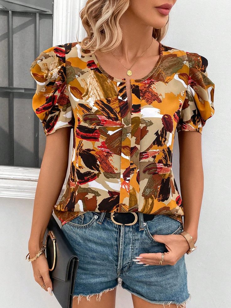 Ladies' Random Pattern Puff Sleeve Shirt,Short Sleeve Tops Yellow Casual,Boho  Short Sleeve Woven Fabric All Over Print Top Non-Stretch  Women Clothing, size features are:Bust: ,Length: ,Sleeve Length: Pattern Puff Sleeve, Puff Sleeve Shirt, Random Pattern, Round Neck Shirt, Women Blouses, Boho Casual, Print Top, Neck Shirt, Print Tops