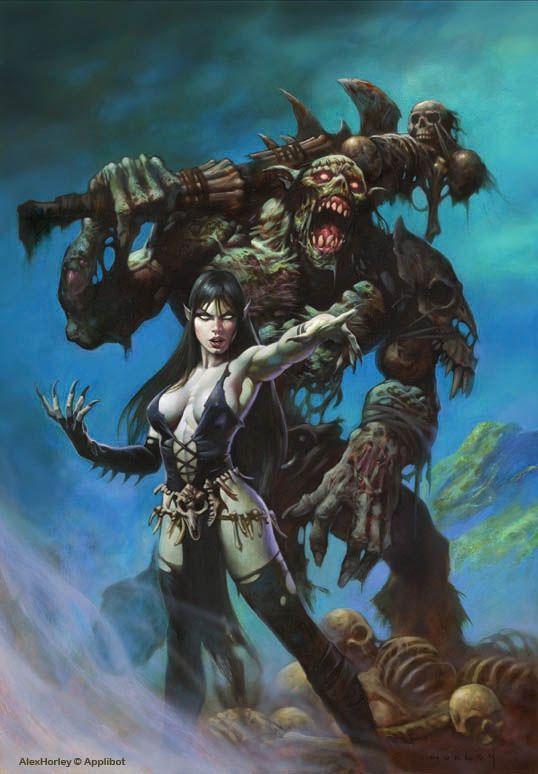 a painting of a woman holding a giant monster