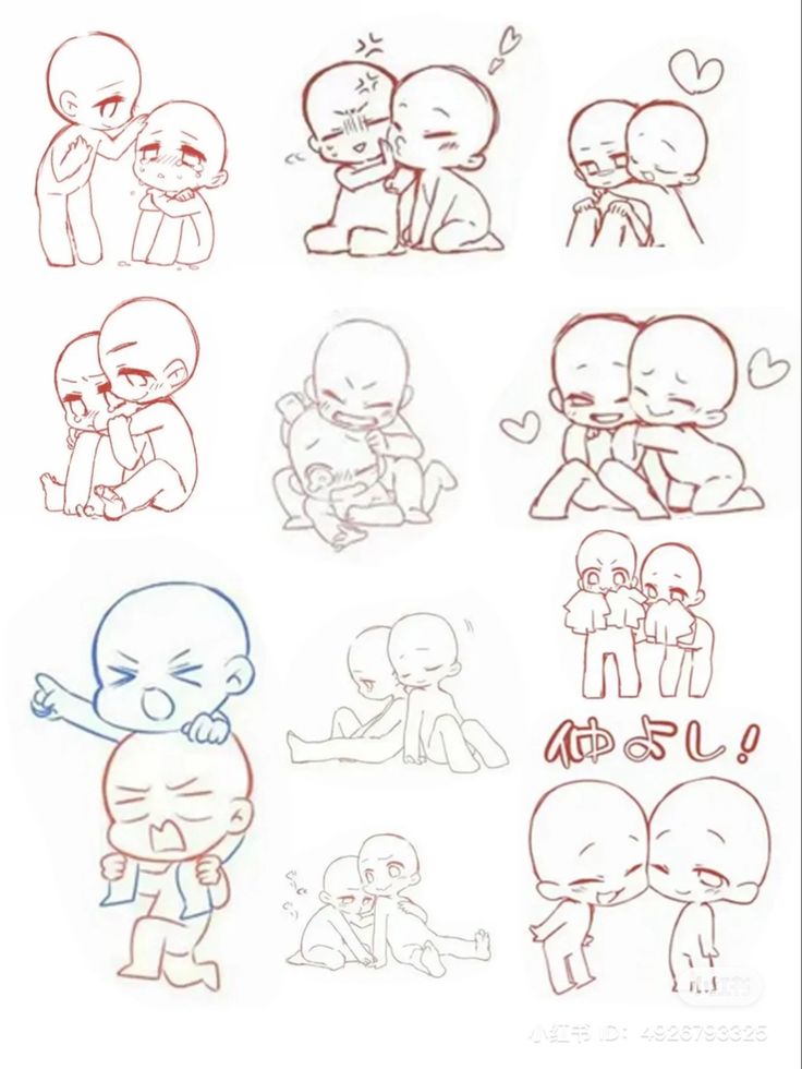 some cartoon characters with different expressions on their faces and body, one is hugging the other's head