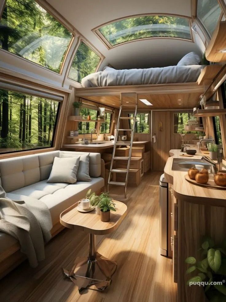 the interior of a houseboat with wood floors and windows