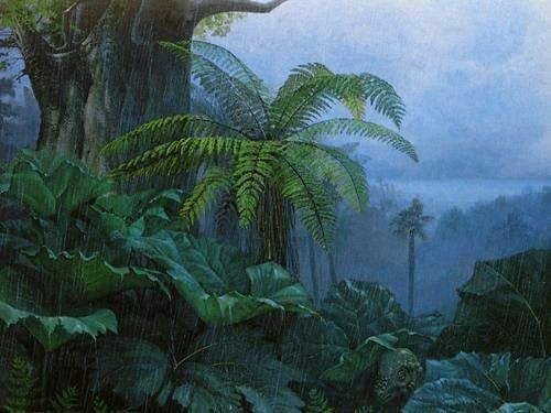 a painting of a jungle scene with trees and plants in the foreground, on a cloudy day