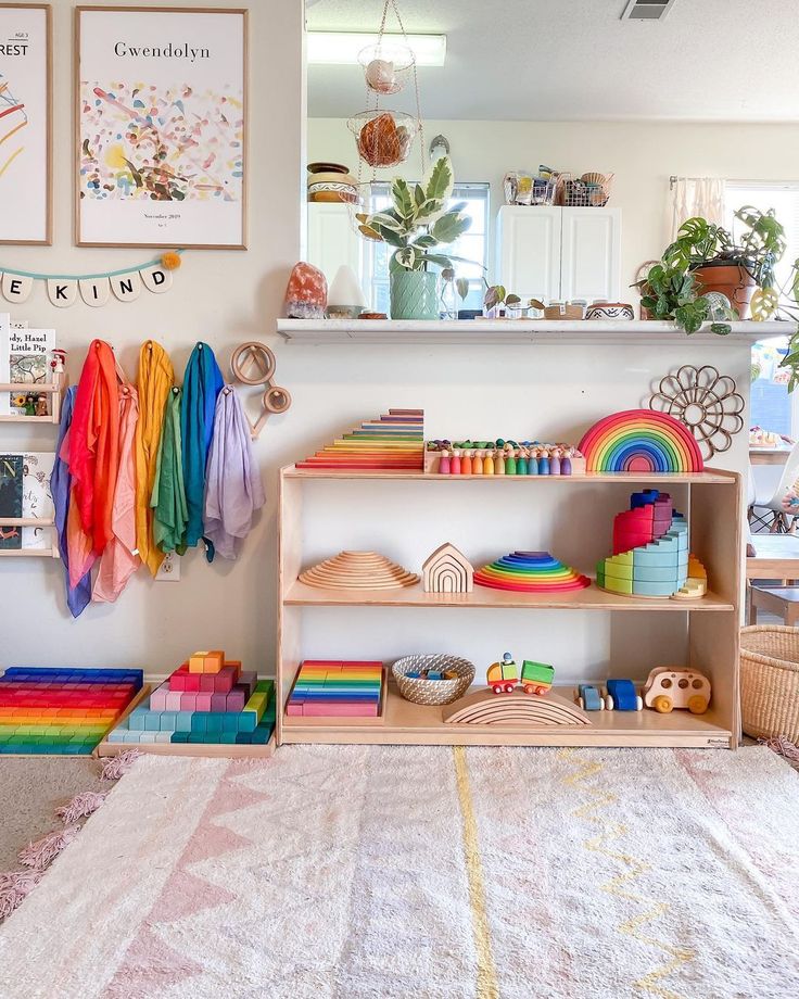 a child's playroom with toys and art on the walls, including bookshelves