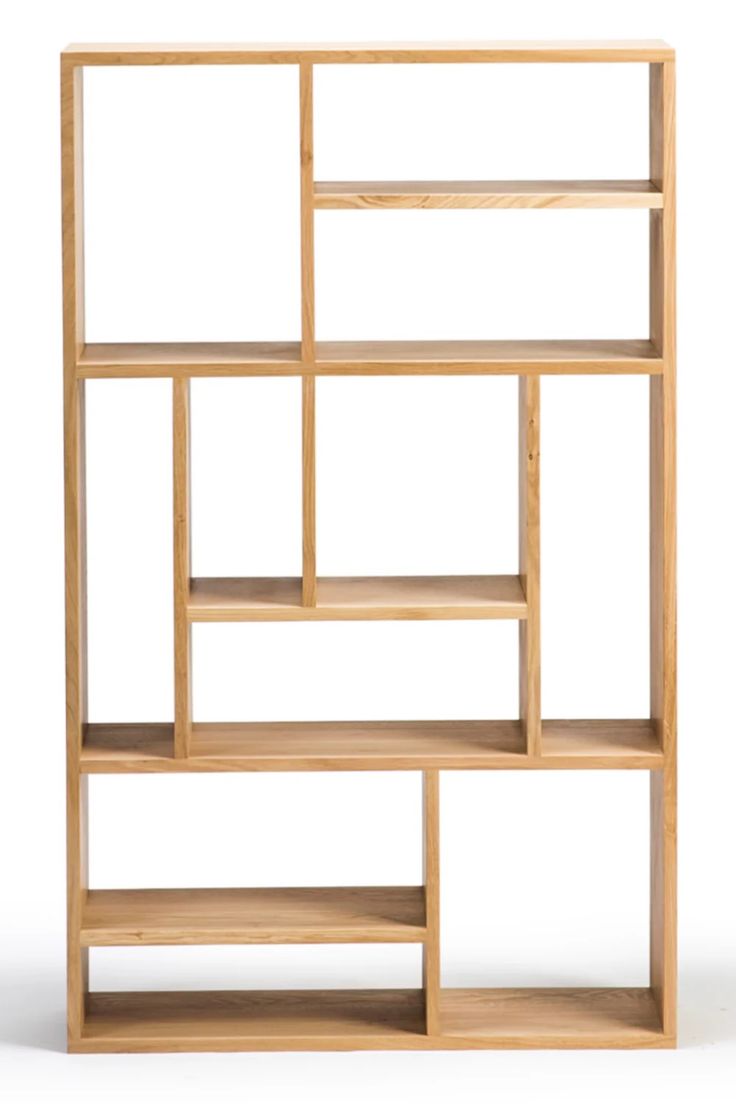 a wooden shelf with several shelves on each side and one section missing from the top