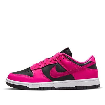 (WMNS) Nike Dunk Low 'Fireberry' DD1503-604 Black Sneakers With Contrasting Heel Counter, Nike Low-top Sneakers With Contrasting Heel Counter, Custom Sneakers With Contrasting Heel Counter For Streetwear, Bold Low-top Sports Sneakers, Bold Leather Sneakers For Streetwear, Sporty Skate Shoes With Branded Heel Counter, Custom Low-top Sneakers With Contrasting Heel Counter For Streetwear, Modern Pink Sneakers With Translucent Outsole, Bold Low-top Leather Sneakers