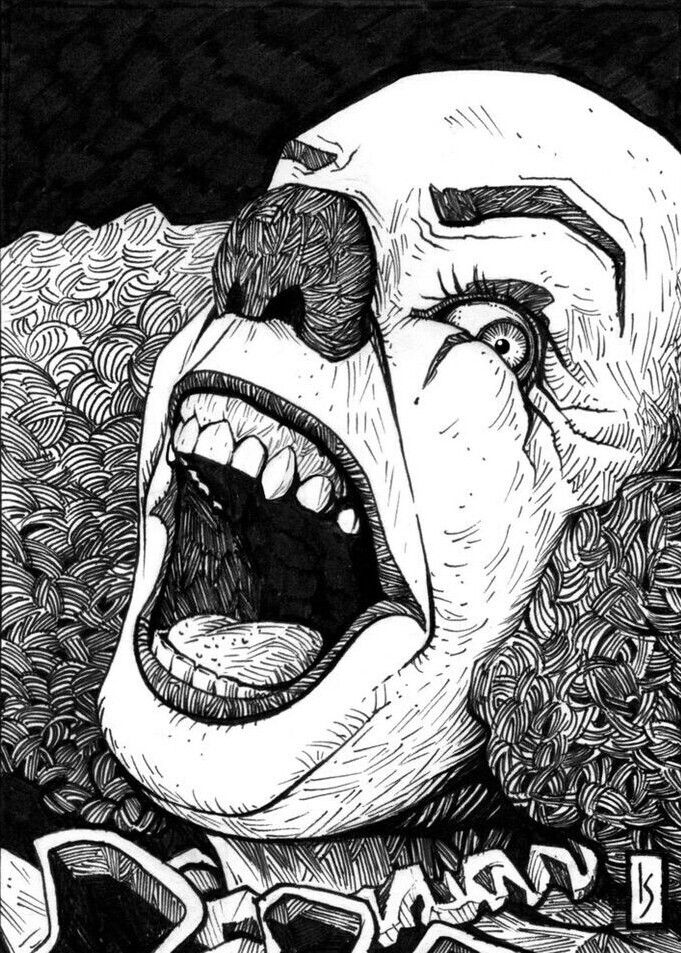 a drawing of a clown with his mouth open