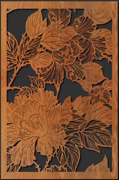 an intricately carved wooden panel with flowers and leaves on the sides, in black background