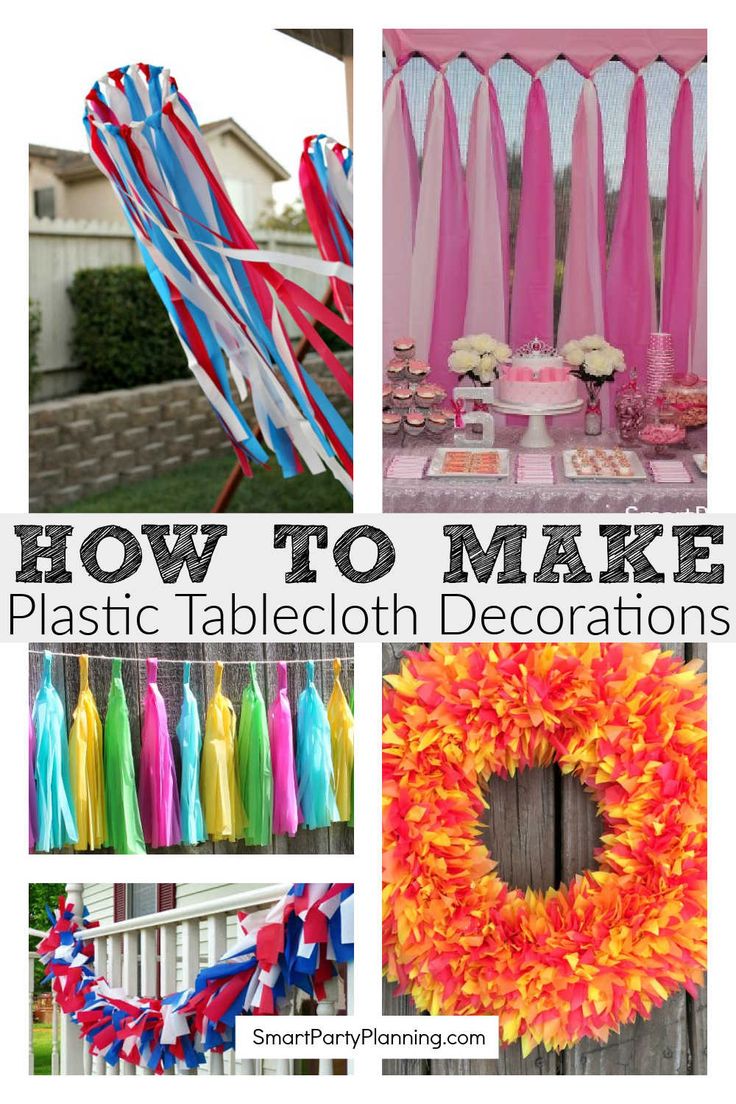 how to make plastic tablecloth decorations at home or in the backyard with pictures and text overlay