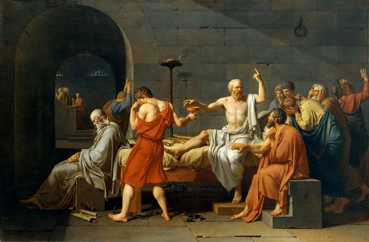 an image of a painting of men in ancient clothing talking to each other while others look on