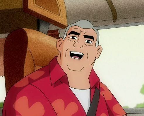 an older man is smiling and wearing a red shirt in front of a window with trees