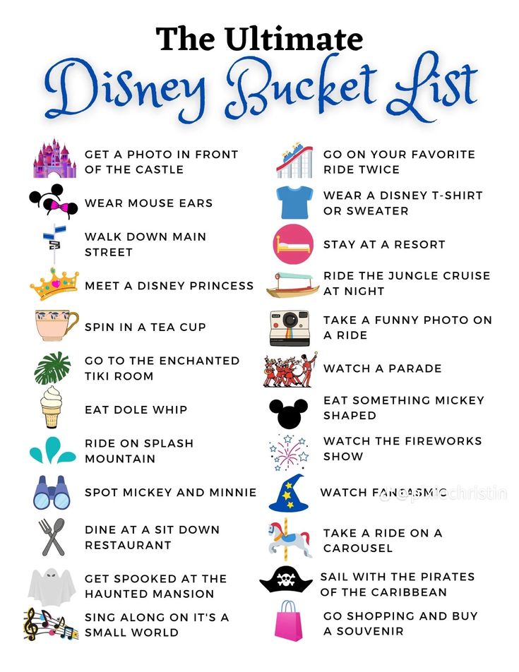 the ultimate disney bucket list is shown in blue and white, with images of characters