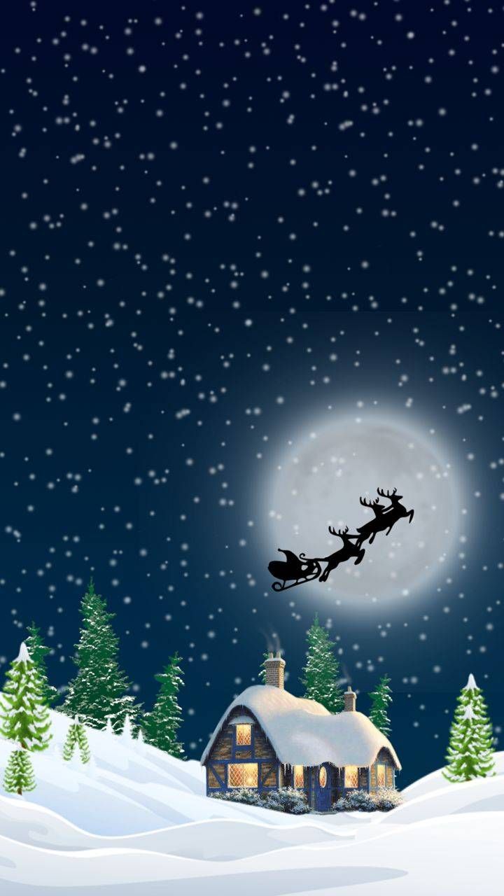 a christmas scene with santa's sleigh flying in the sky over a house