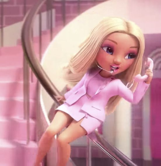 a barbie doll is standing on the stairs with her hand up to her ear and holding a cell phone