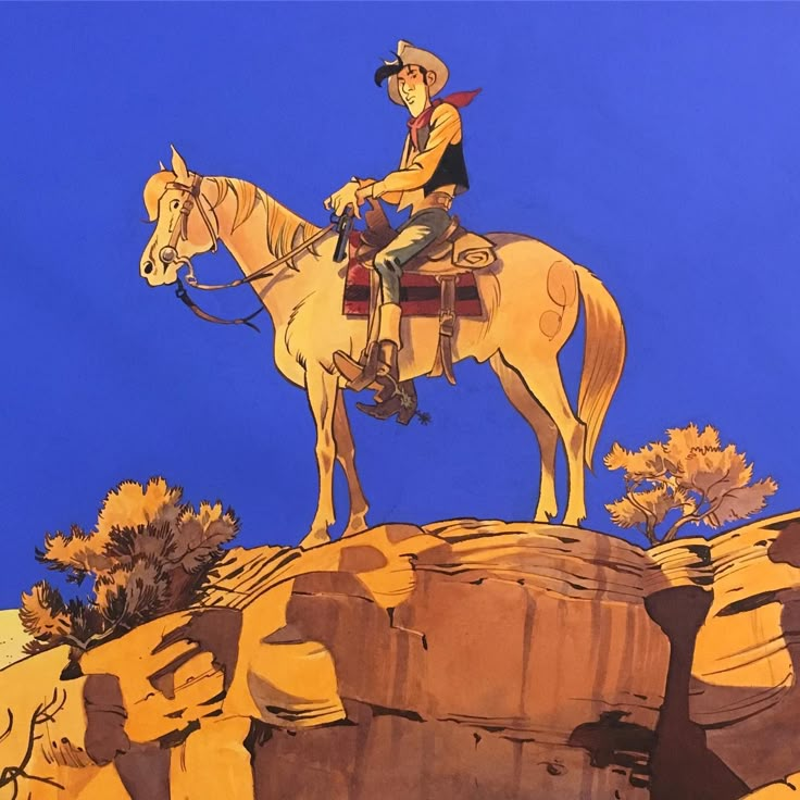 a painting of a man riding on the back of a white horse in front of a blue sky