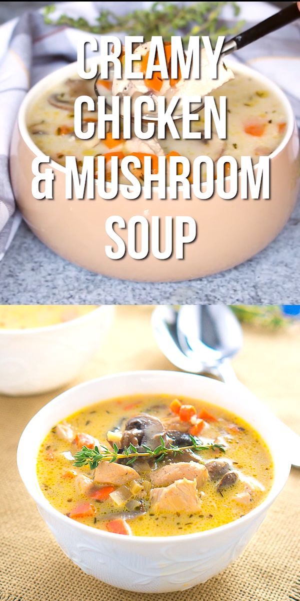 two bowls of creamy chicken and mushroom soup