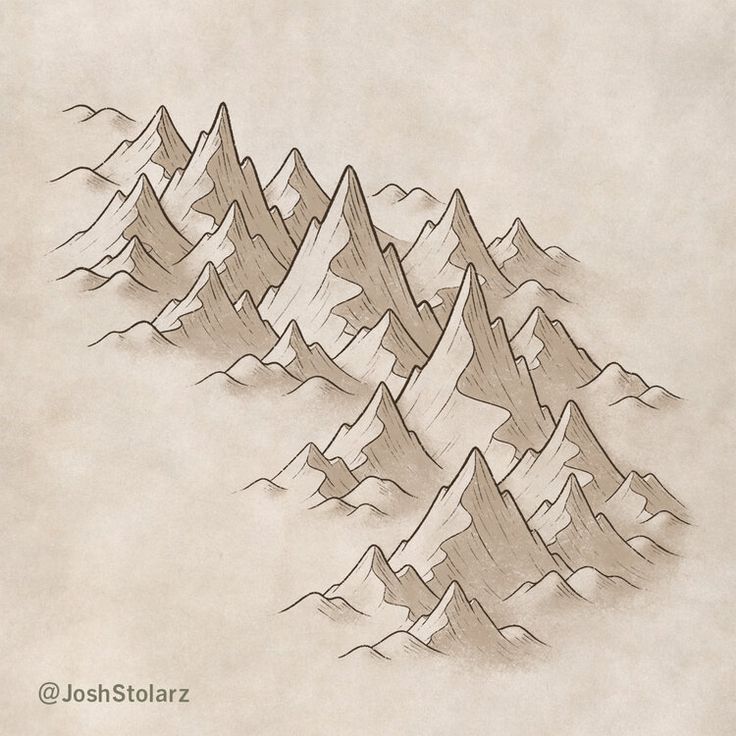 a drawing of mountains with snow on the tops and one in the foreground is drawn by hand