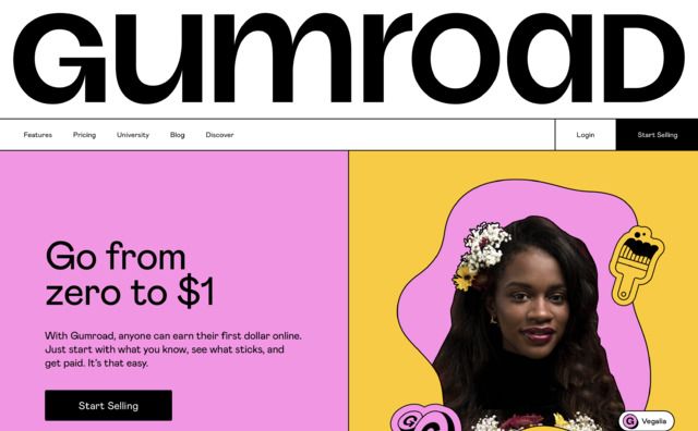 the front page of gumroad's website, with an image of a woman