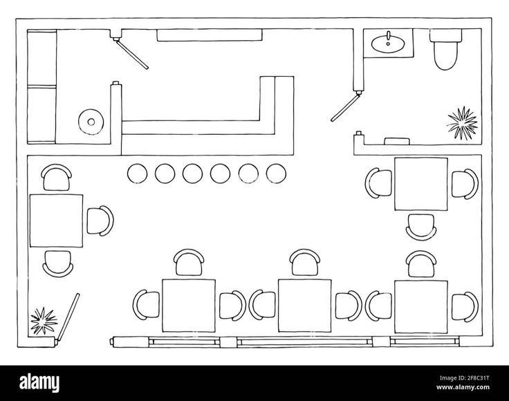 a floor plan for a restaurant with tables and chairs, coffee cups on the table