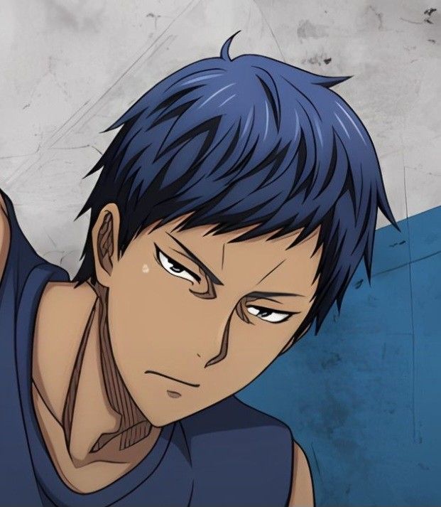 an anime character with blue hair is staring at the camera and has one hand on his head