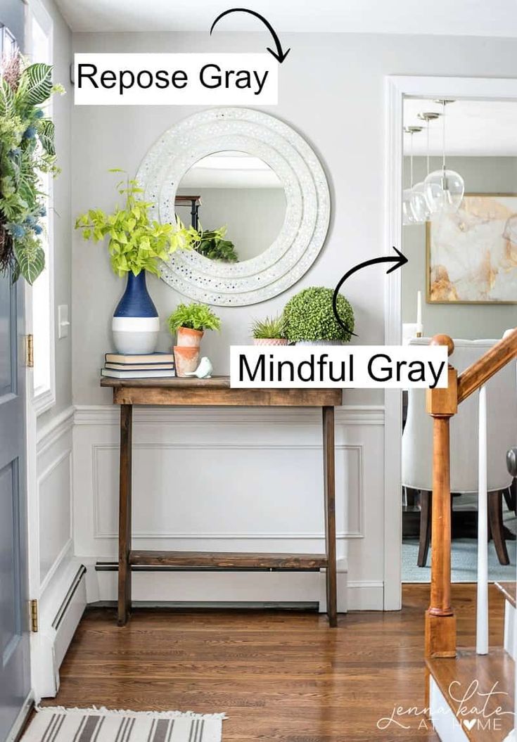 an entryway with the words repose gray and mindful gray on it's side