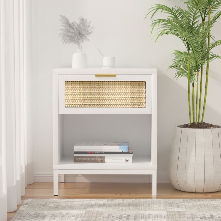 a white shelf with books and a potted plant next to it on a wooden floor