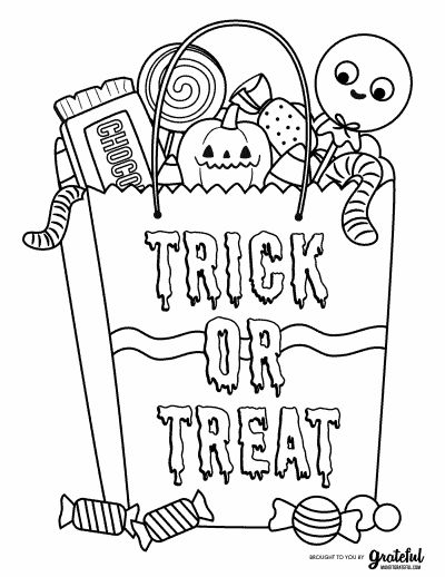 a trick or treat bag with candy and candies on the side, in black and white