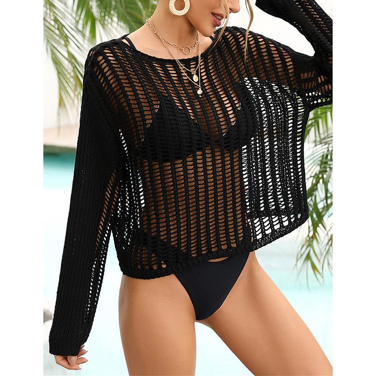 Black Hollow-out Long Sleeve Blouse Beach Cover Black Long Sleeve Summer Cover-up, Black Long Sleeve Beach Cover-up, Chic Long Sleeve Tops For Vacation, Beachwear Long Sleeve Tops For Vacation, Long Sleeve Tops For Beach Party Vacation, Black Beachwear Tops For Beach Cover-up, Long Sleeve Beach Cover-up Top For Vacation, Long Sleeve Tops For Beach Party, Long Sleeve Tops For Beach Party Season