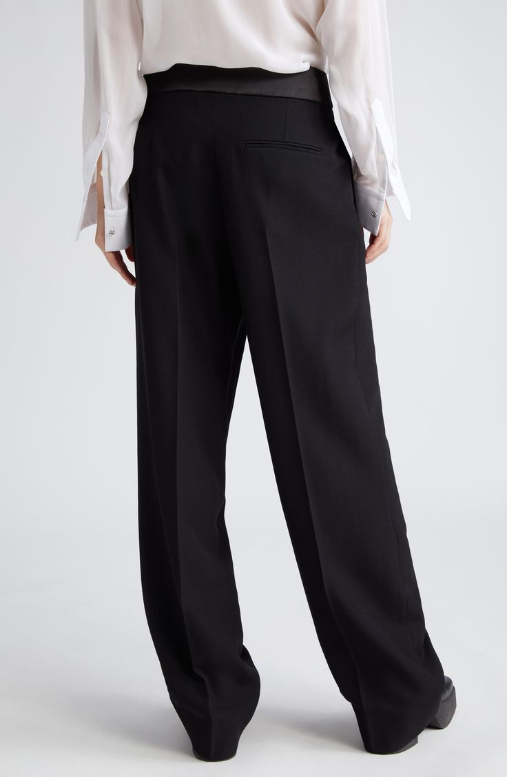 A cummerbund-inspired satin waistband hits a fun and formal note for pleated pants cut from pure wool. 30 1/2" inseam; 20" leg opening; 14" front rise; 16 1/2" back rise (size 42IT) Zip fly with hook-and-bar closure Front slant pockets; back welt pockets 100% wool with 100% polyester contrast Dry clean Imported Designer Clothing Luxury Formal Wide Leg Pants With Pressed Crease, Formal Black Wool Wide Leg Pants, Luxury Wool Wide Leg Pants For Formal Occasions, Evening Dress Pants With Belt Loops And Straight Leg, Timeless Fitted Wide Leg Pants For Formal Occasions, Evening Dress Pants With Belt Loops, Luxury Tailored Black Wide Leg Pants, Formal Wide-leg Dress Pants With Structured Boning, Formal Wide Leg Dress Pants With Structured Boning