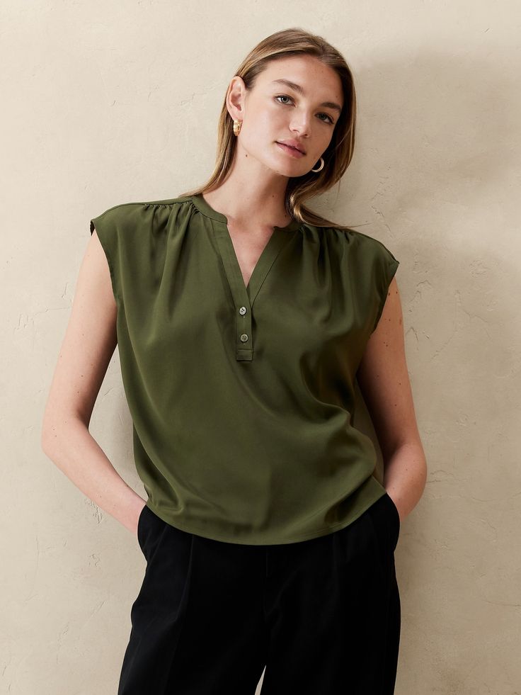 Button Dolman Blouse | Banana Republic Factory Henley Neckline Workwear Top With Buttons, Henley Neckline Blouse With Button Closure, Versatile Tops With Placket For Work, Casual Blouse With Buttons And Split Neck, Chic Daywear Tops With Split Neck, Split Neck Workwear Top With Placket, Split Neck Placket Top For Work, Casual Button Back Blouse For Work, Elegant Split Neck Top For Daywear