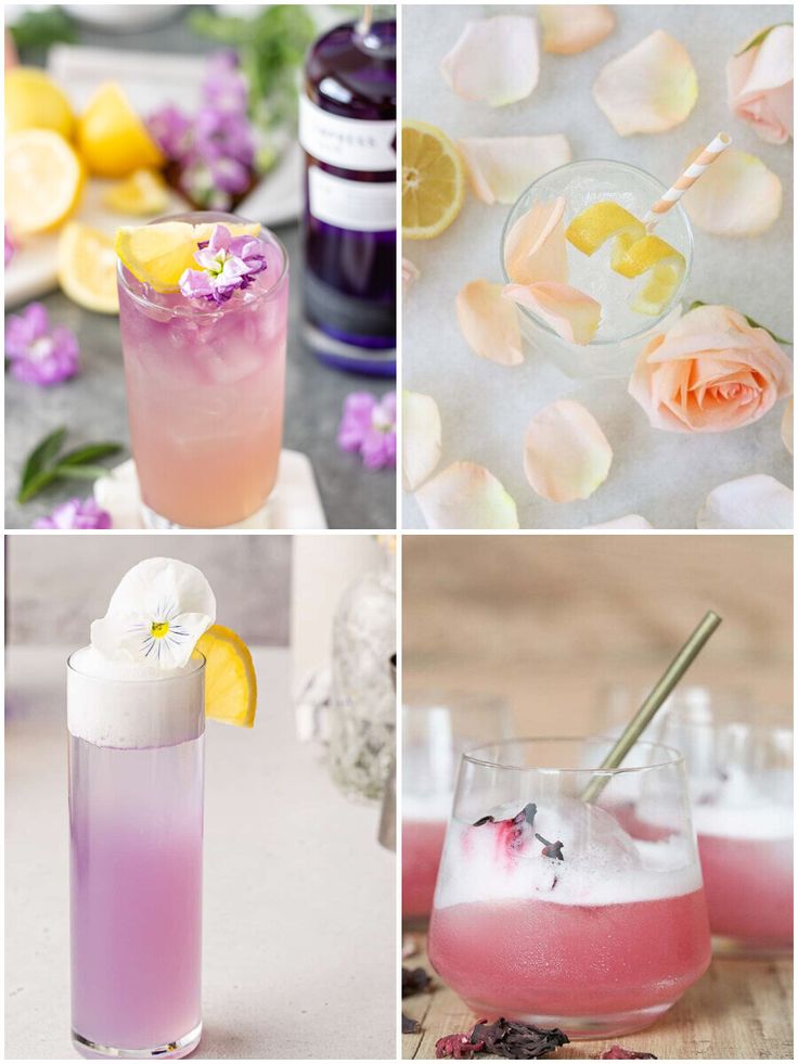 four different types of drinks with flowers and lemons on the top one is pink, the other is blue