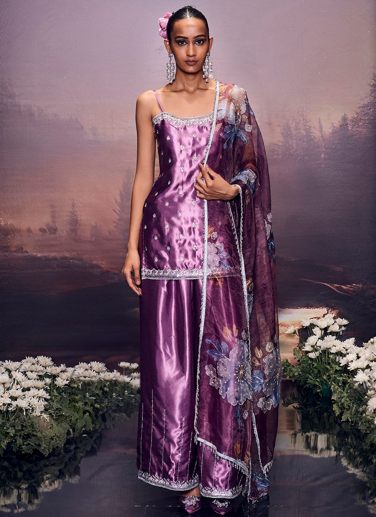 Purple Embroidered Satin Palazzo Suit Bollywood Purple Palazzo Set With Resham Embroidery, Traditional Purple Palazzo Set With Intricate Embroidery, Fitted Purple Embroidered Palazzo Set, Festive Embroidered Purple Palazzo Set, Embroidered Silk Purple Palazzo Set, Gharara Suits, Engagement Lehenga, Half Saree Lehenga, Celebrity Closet