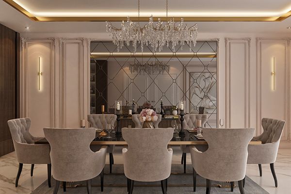 an elegant dining room with chandelier and marble flooring is pictured in this rendering