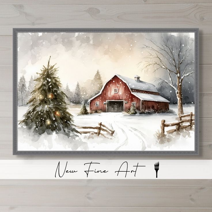 a painting of a red barn in the snow with a christmas tree next to it