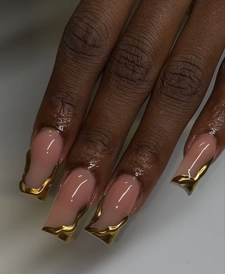 Gold Chrome Square Nails, Gel X Gold Nails, Gold Chrome Nails Designs Square, Gold Crome Nails French, Gold Accent Nails Acrylic, Gold And Hot Pink Nails, Hot Pink And Gold Nails Design, Gold Drip Nails, Gold Chrome French Tip Nails