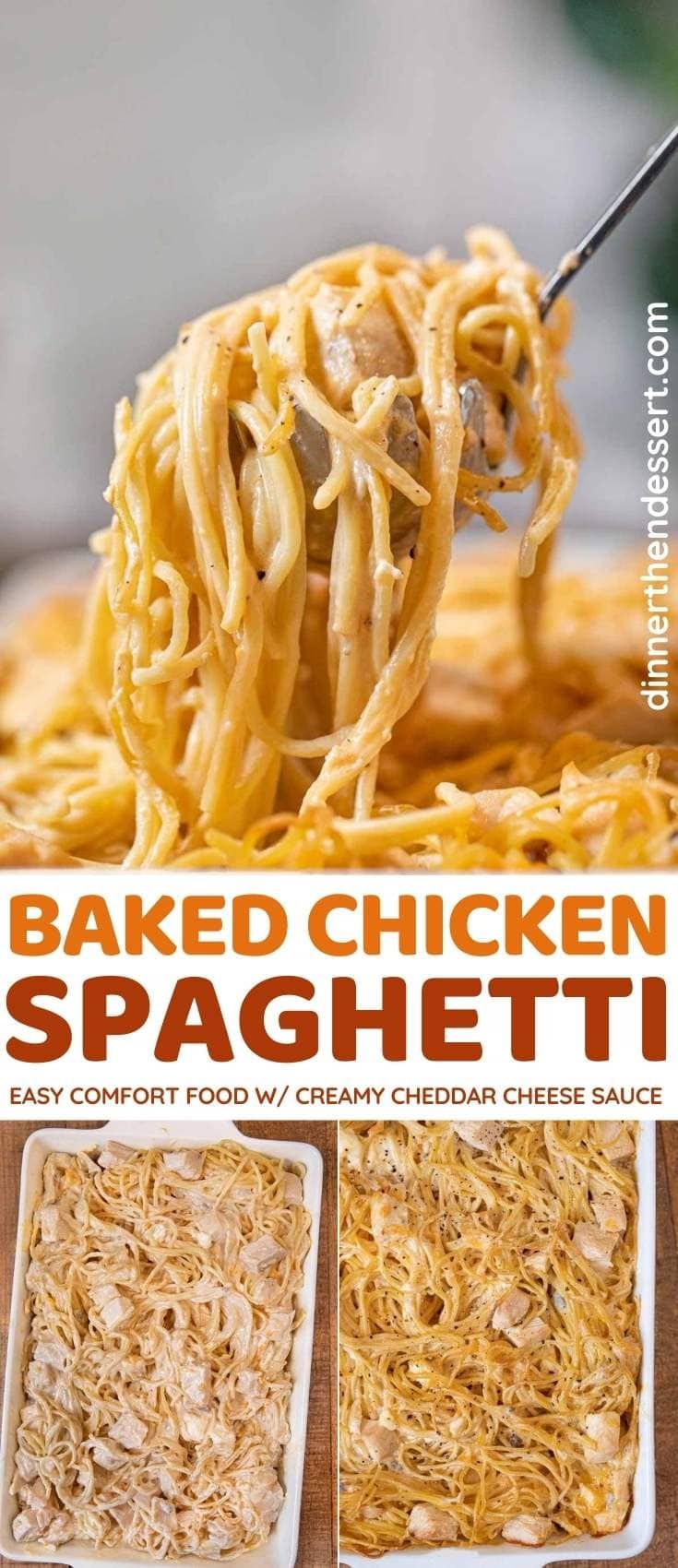 baked chicken spaghetti is being served on a white plate with the title above it and an image