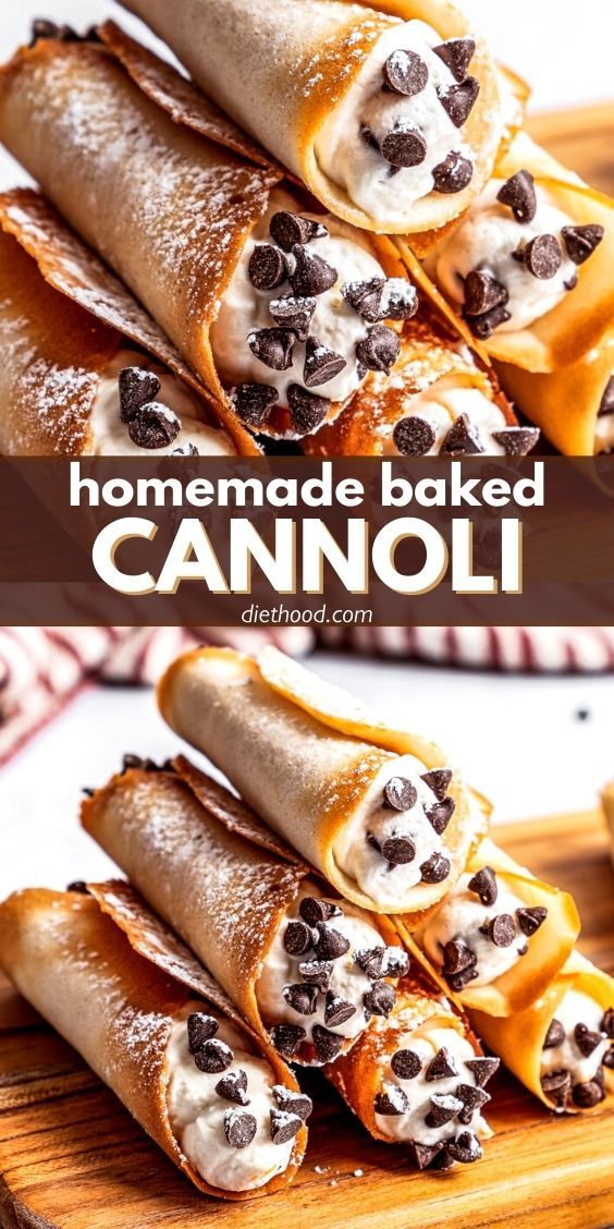 homemade baked cannoli with chocolate chips and cream